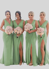 Veronica | Refinement Sheath Ivory Chiffon Maxi Bridesmaid Dress with Slit and Ruched - Price #price_variant_lowest# - Light Green - PromDressClub